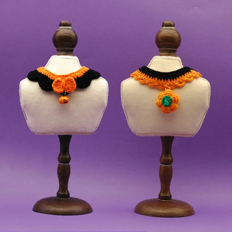 Hand-crocheted wool Halloween collar for pets in pumpkin colours with adjustable sizing