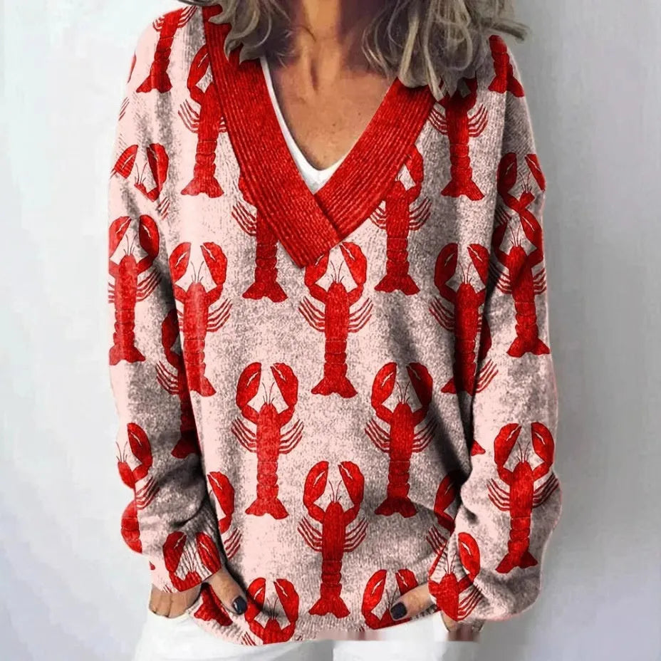 Women's V-neck long sleeve sweatshirt with a raised 3D floral pattern in an art retro style.