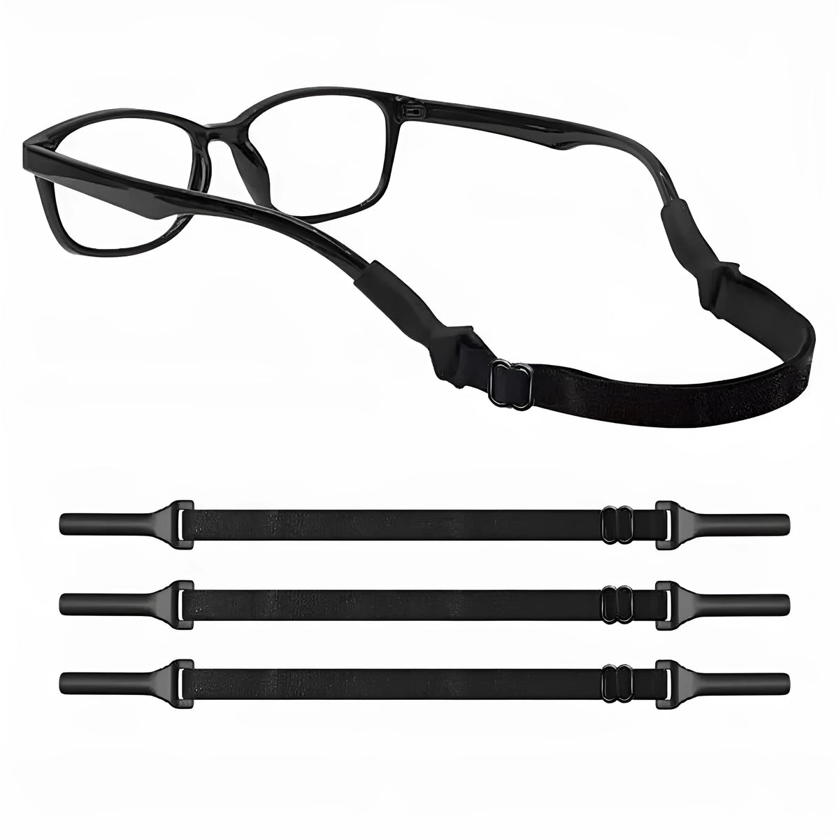 Black adjustable glasses retention cord with silicone end pieces shown in adult and children's sizing variants