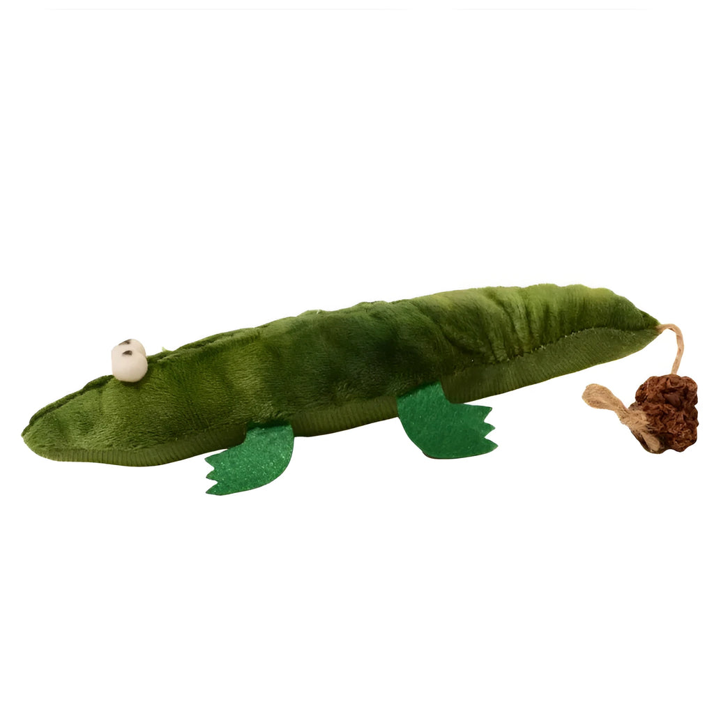 Green plush alligator catnip toy with peppermint scent for oral cleansing and stress relief