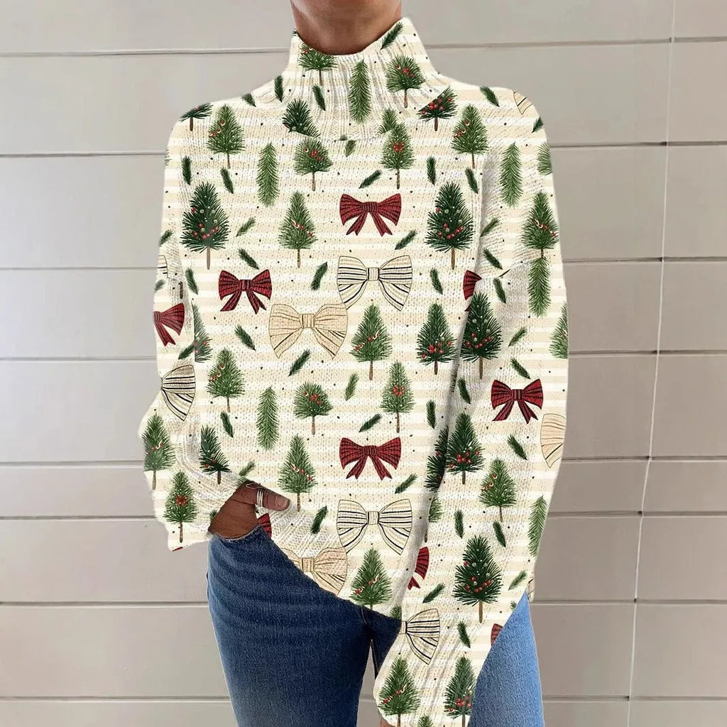 Women's Christmas printed turtleneck sweater with painting pattern in macaron colours