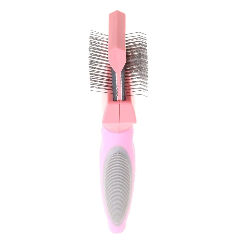 Blue double-sided pet brush with stainless steel pins and ergonomic handle for dog and cat grooming