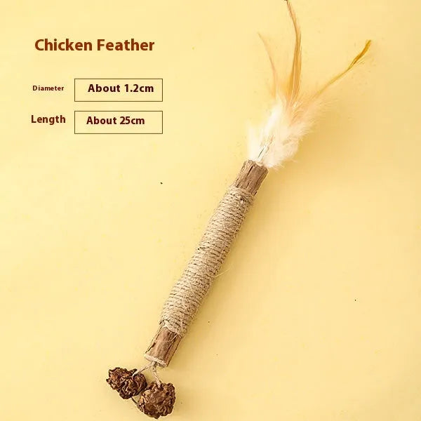 Wooden cat teeth grinding rod toy showing its 2.2cm thickness, with examples of the Lafite grass and chicken feather style variants.