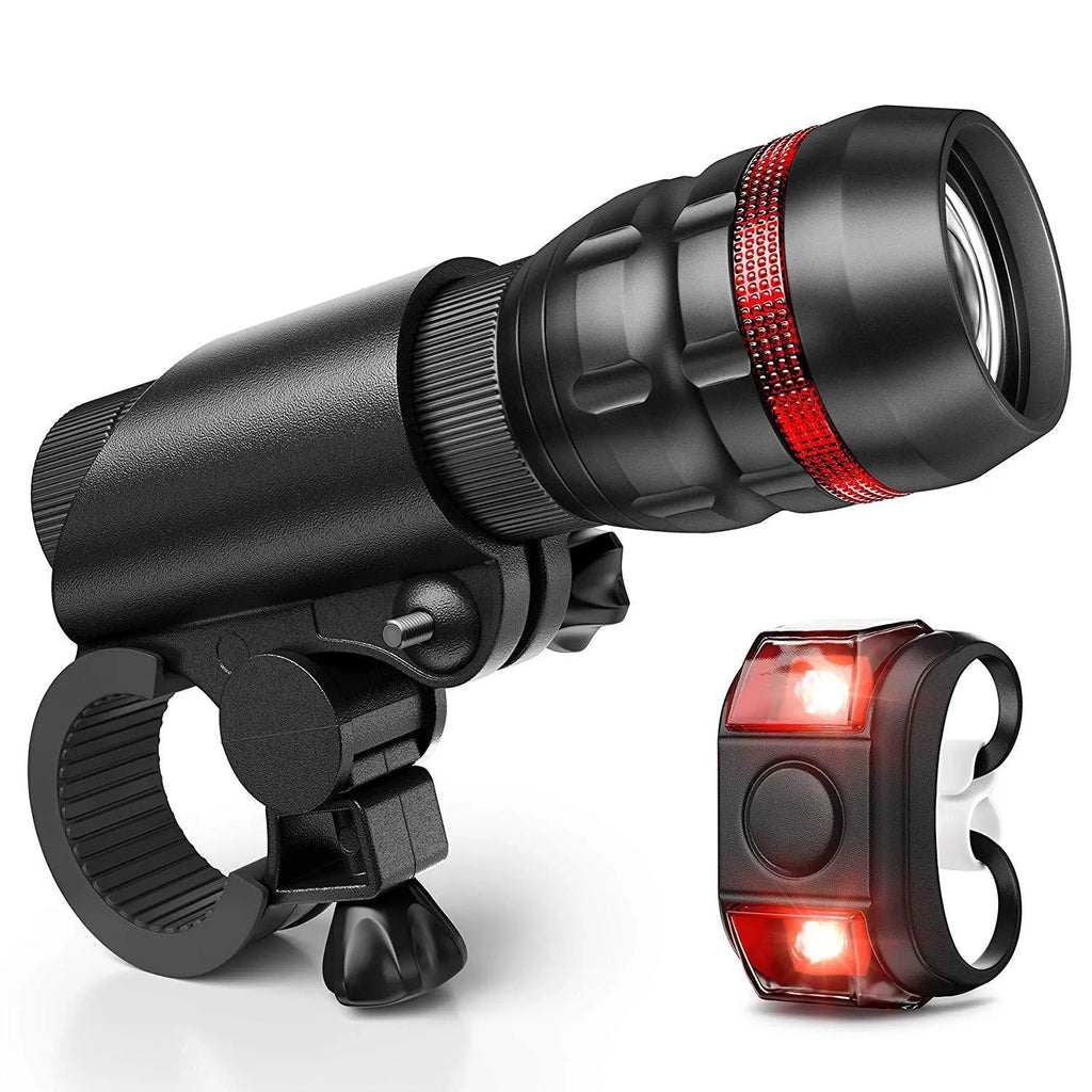 Bicycle headlight and red taillight set with a black handlebar mounting bracket.