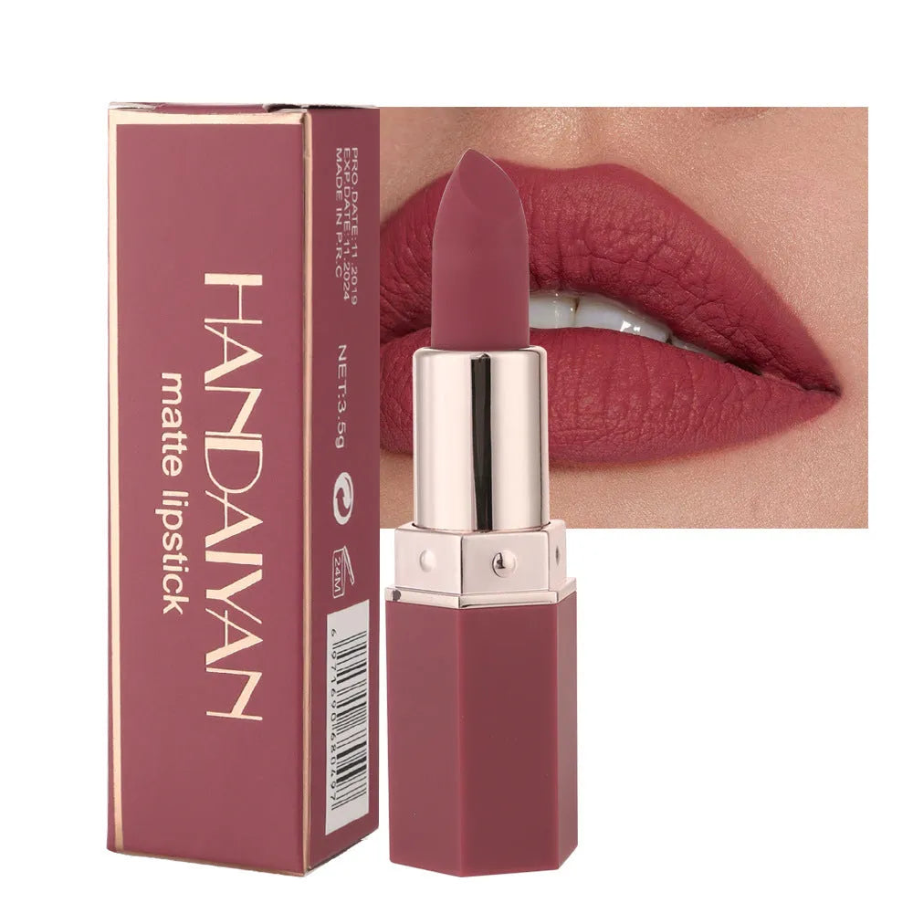 HANDAIYAN matte nourishing lipstick in six shades: peach, Barbie pink, nude, scarlet, umber, and plum