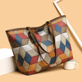 Women's blue brown PVC shoulder bag with sandwich pocket design showing interior organisation