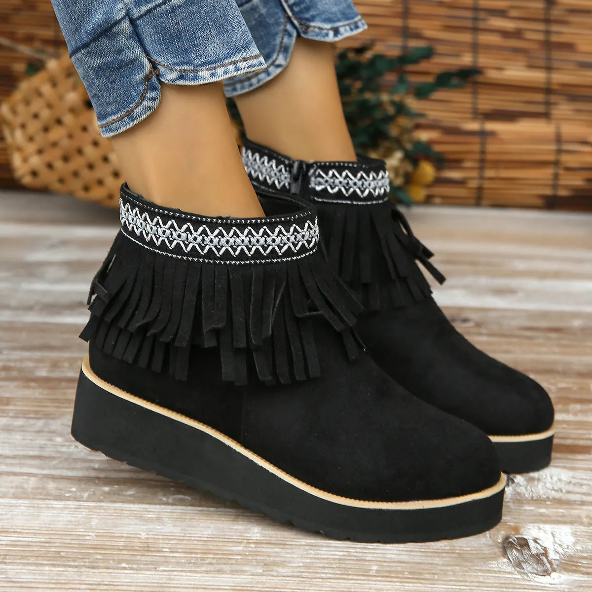 Women's dark brown suede wedge ankle boots with side zip and thick rubber sole