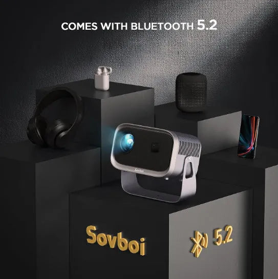 Compact white portable Android smart projector for phone screen mirroring with 1080p HD resolution.