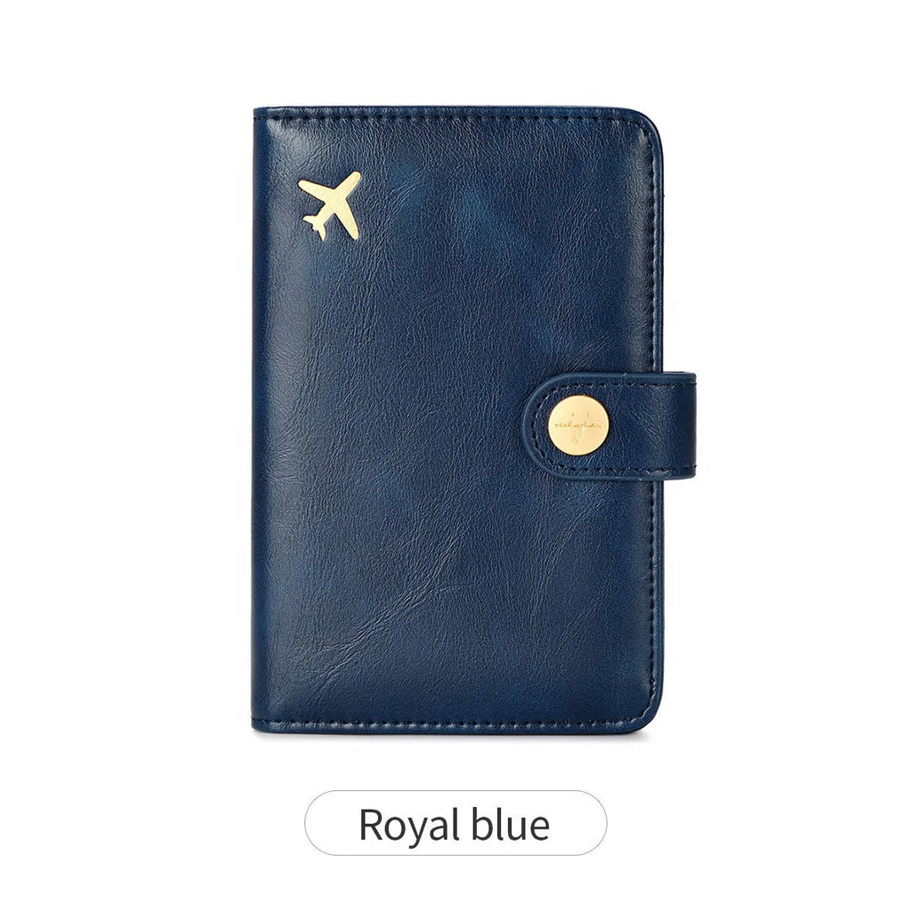 PU leather multifunctional passport holder wallet in various colours showing sewing line detail and anti-theft protection.