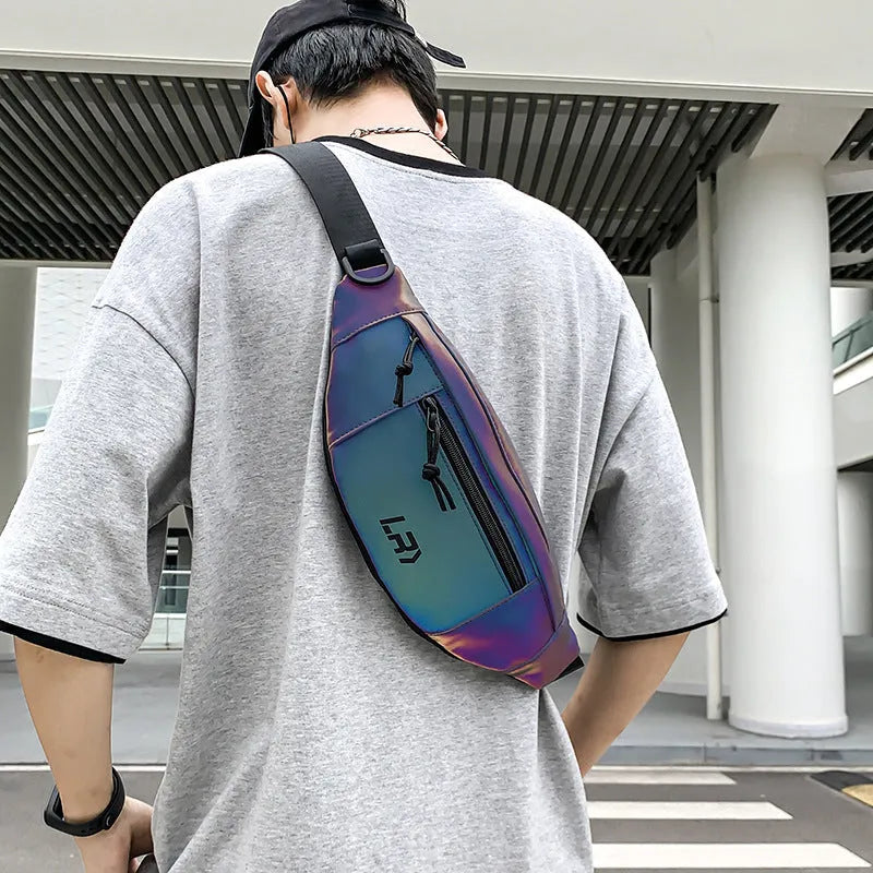 Blue or grey Oxford cloth crossbody cycling bag with reflective elements and open pockets
