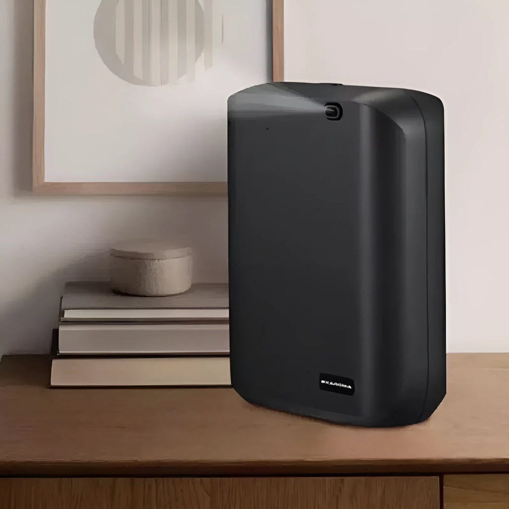 White HVAC wall mount essential oil diffuser with 150ml capacity and smartphone app control interface