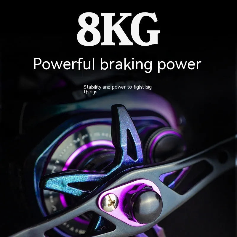 Colourful BM2000 fishing reel with water drop design and magnetic brake, shown in left and right-hand models