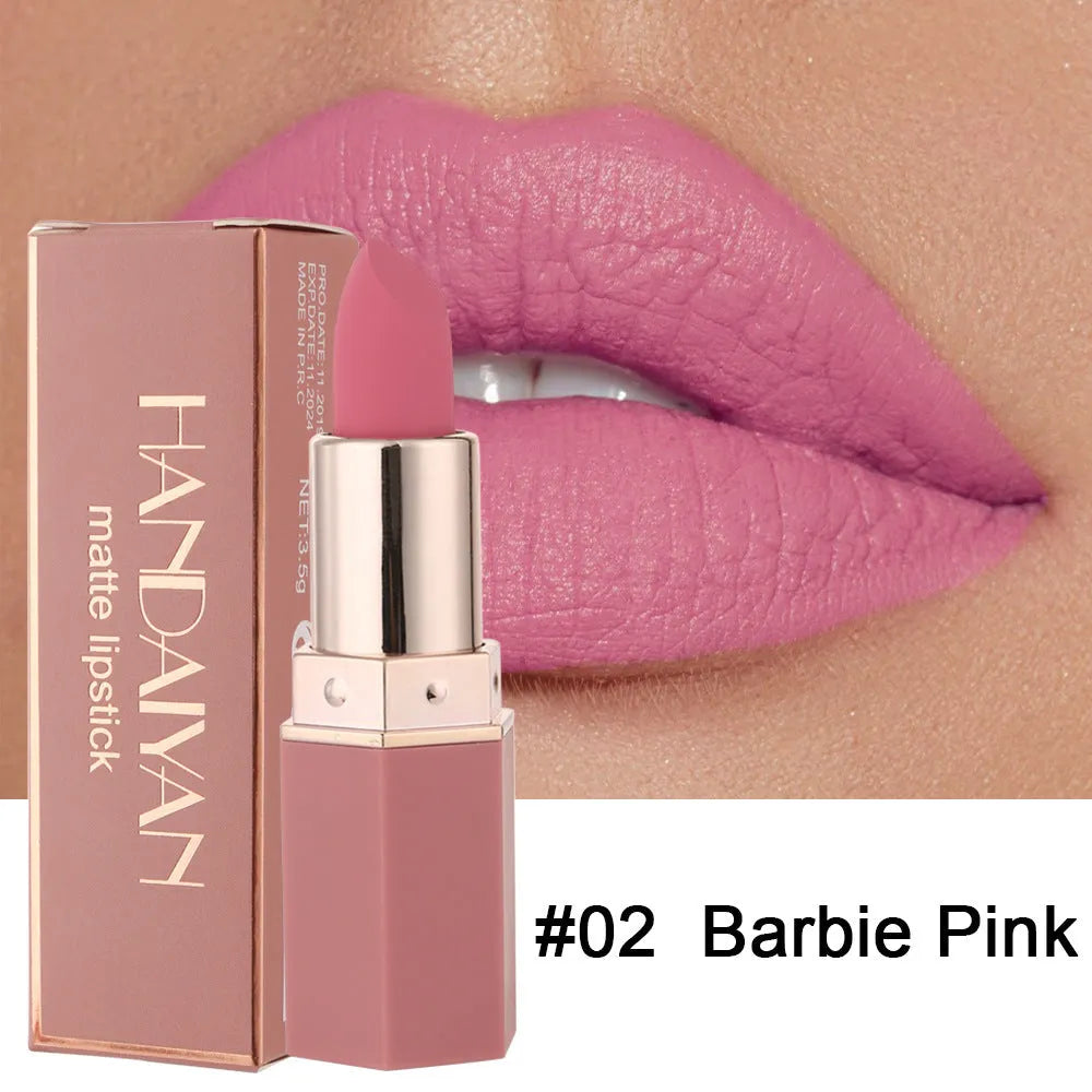 HANDAIYAN matte nourishing lipstick in six shades: peach, Barbie pink, nude, scarlet, umber, and plum