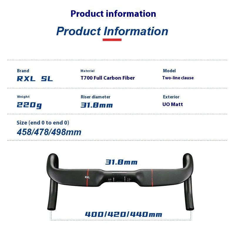 Carbon fibre road bike handlebar in red or black with double line pattern, shown in 400mm 420mm and 440mm widths.