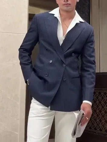 Men's striped double breasted blazer in polyester fabric with regular fit