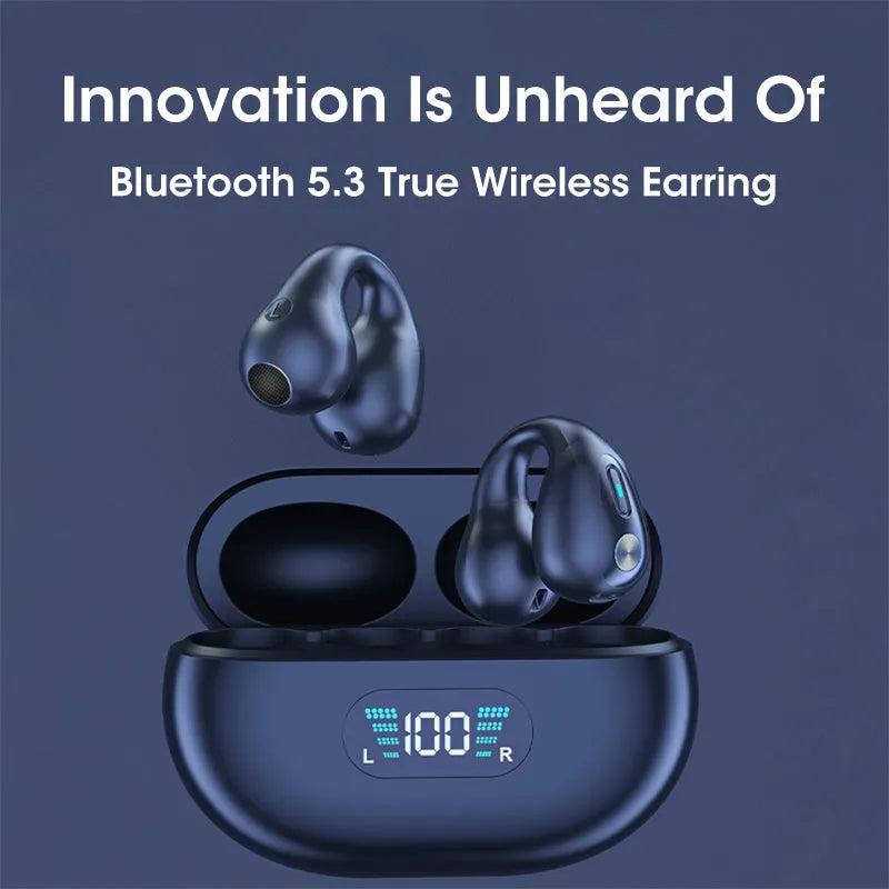 Bone conduction Bluetooth ear clip headset in black, white, or khaki colours showing ear clip design
