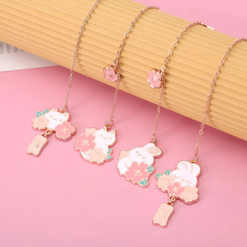Metal pendant bookmark with cartoon sakura cat design for books and journals