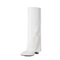 Women's plus size thick high heel boots in black with sewing line detailing and high cylinder design