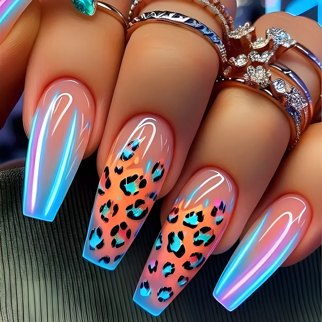 Blue edge French leopard print press-on nail tips in long ballet shape with jelly glue and nail stickers