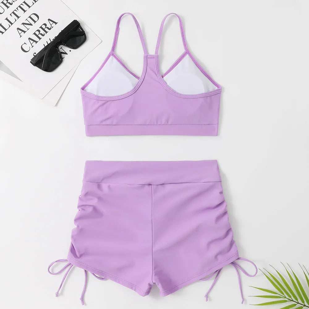 Women's purple and black high waist split swimsuit bikini set for swimming activities