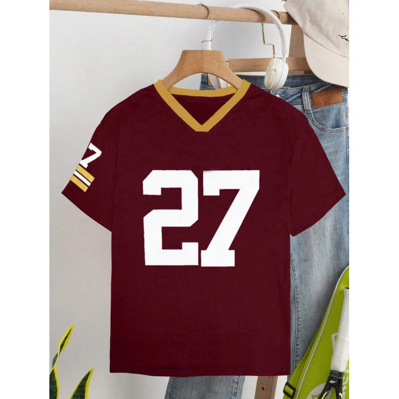 Men's loose fit red cotton t-shirt with a contrasting digital print white letter pattern on the front.