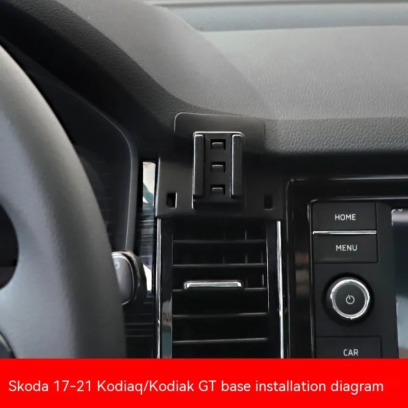 Snap-on base car phone bracket mounted on a Skoda dashboard air vent.