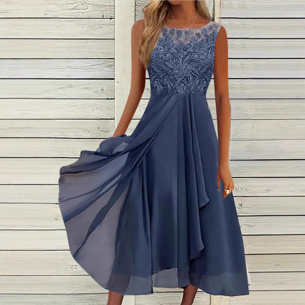 Women's sleeveless chiffon dress with lace hollow-out detail in princess style, shown in green colour
