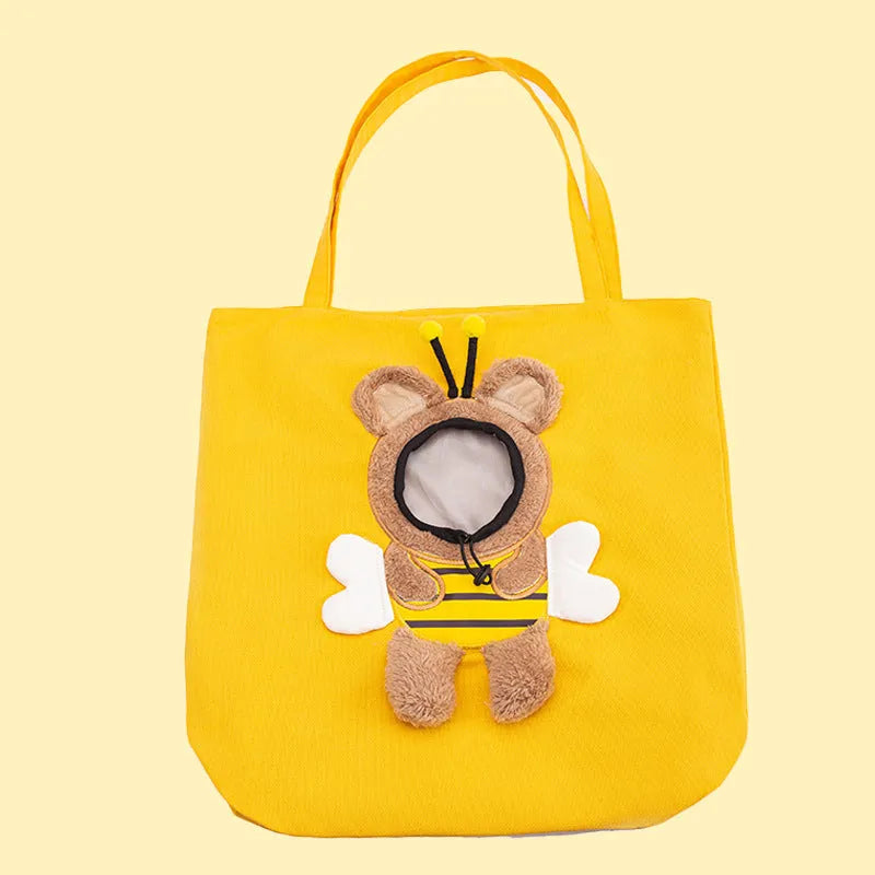 Canvas pet carrier bag with safety zippers, adjustable side opening, and 3D animal pattern in blue, grey, or yellow.