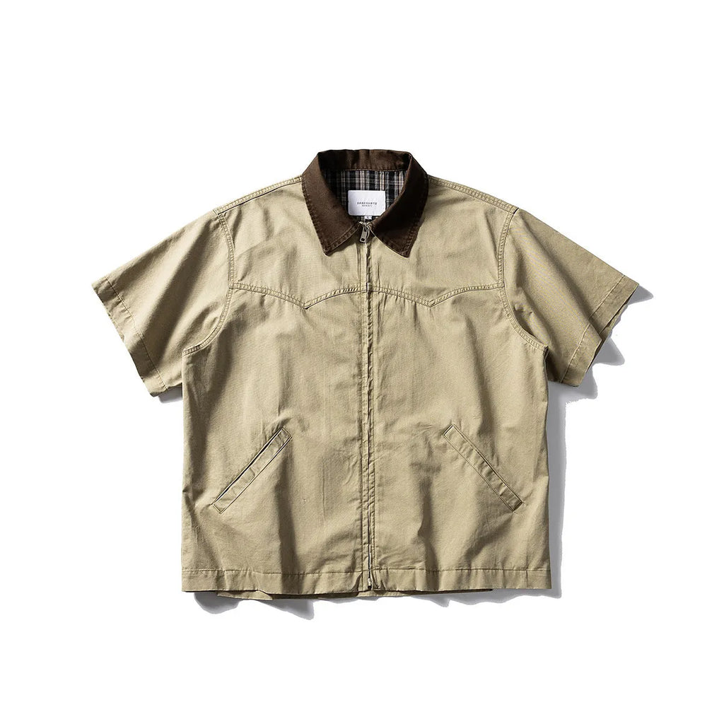 Washed cotton overalls shirt with short sleeves and loose cardigan styling in khaki or grey colours