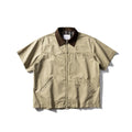 Washed cotton overalls shirt with short sleeves and loose cardigan styling in khaki or grey colours