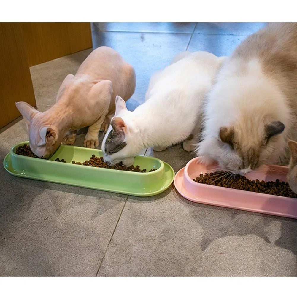 Set of four coloured plastic pet bowls with non-slip rubber bases for cats and dogs.
