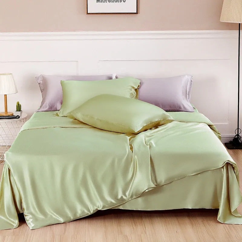 Solid colour silk duvet cover laid flat, showing double-sided plain weave fabric in one of six available colours.