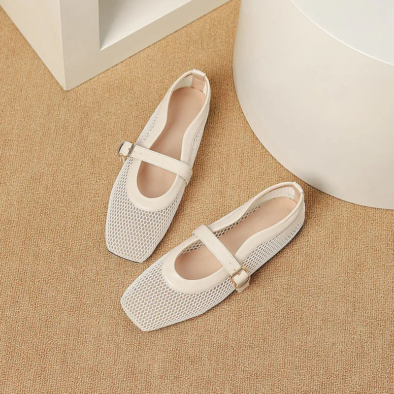 Women's beige mesh breathable pumps with a buckle fastening and square toe.