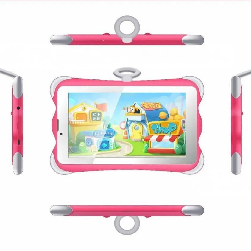 A 7-inch children's learning tablet in a cartoon colour, shown with its stand attached, on a table.