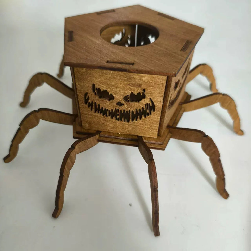 Wooden Halloween lantern candlestick with ghost spider design measuring 21cm tall