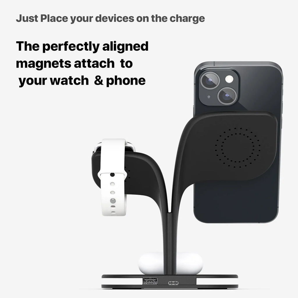 Black 3-in-1 wireless charging stand with phone, Apple Watch, and headphones placed on it.