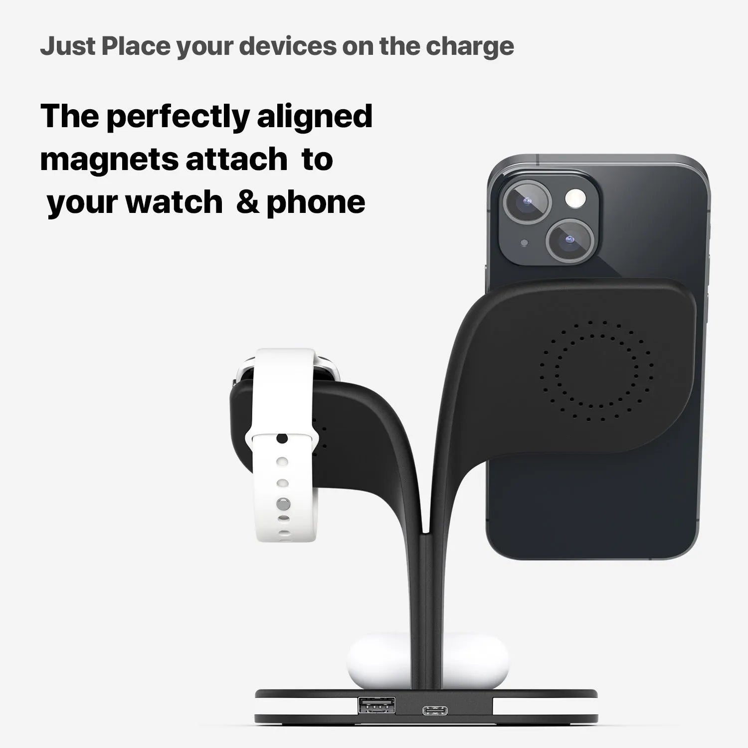 Black 3-in-1 wireless charging stand with phone, Apple Watch, and headphones placed on it.