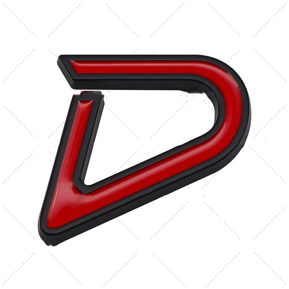 Red and silver metal SD logo car sticker for bumper modification next to a smaller D logo sticker.
