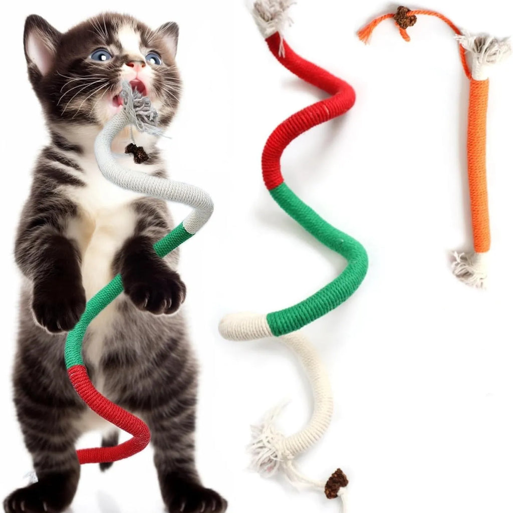 70cm long cotton string cat bite rope toy in three colours: absolute purple, all orange, and red with green
