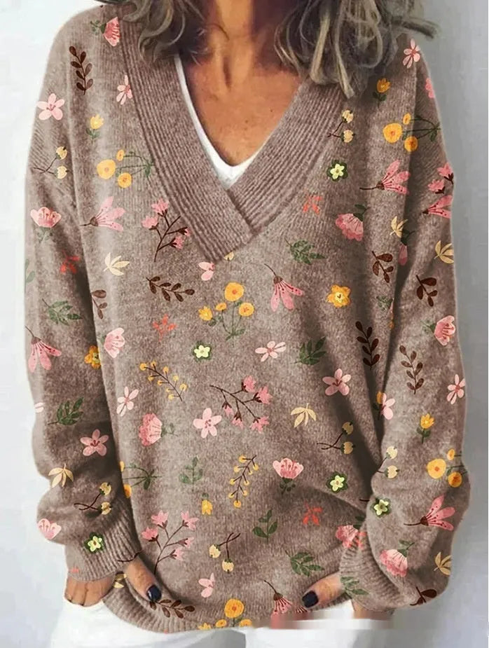 Women's V-neck long sleeve sweatshirt with a raised 3D floral pattern in an art retro style.