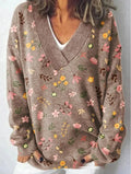 Women's V-neck long sleeve sweatshirt with a raised 3D floral pattern in an art retro style.