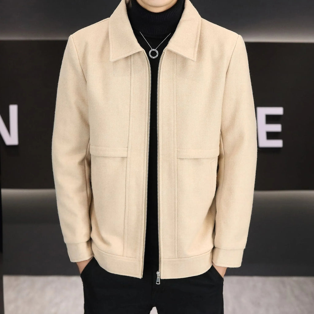 Men's polo collar casual jacket in cotton blend fabric, khaki colour, regular sleeve length