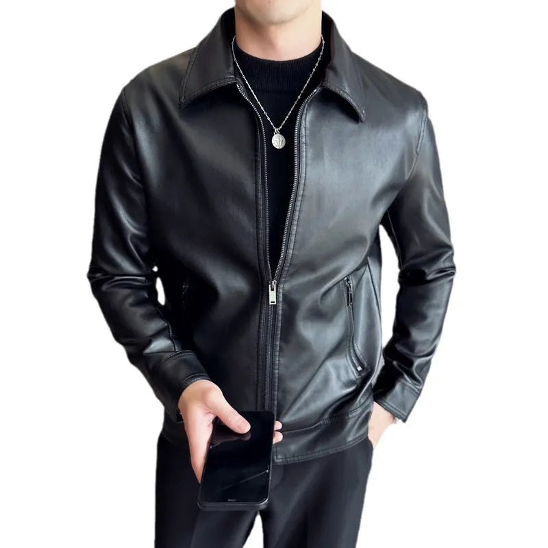 Men's black PU leather jacket with zipper pockets and loose fit casual design
