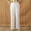 Women's linen high waist trousers with lace trim and elasticated waistband in straight-leg cut