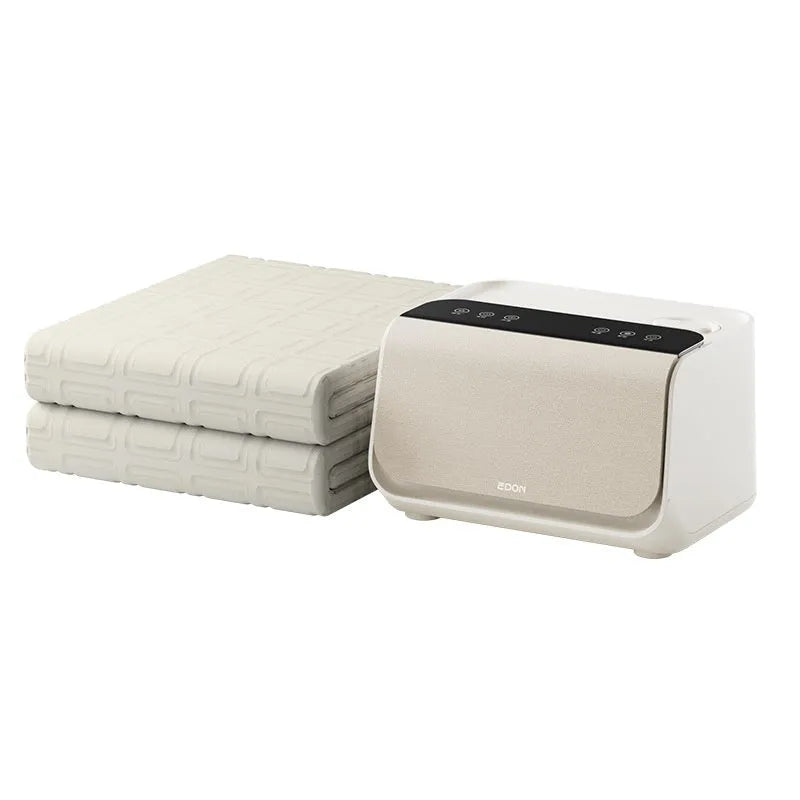 Aideng white plush electric water blanket for beds, shown with smart host controller, in 1.4m or 1.8m width options.