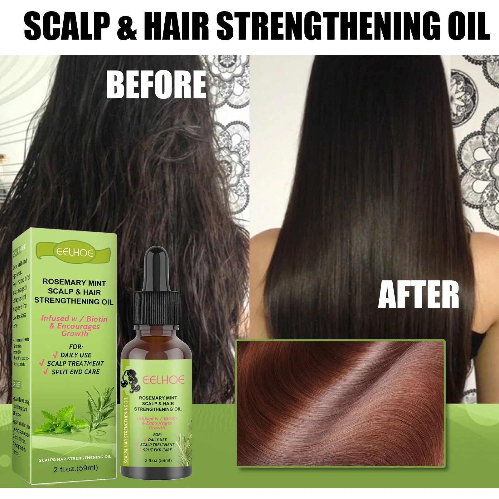 59ml bottle of rosemary mint hair growth fluid for scalp treatment and hair repair.