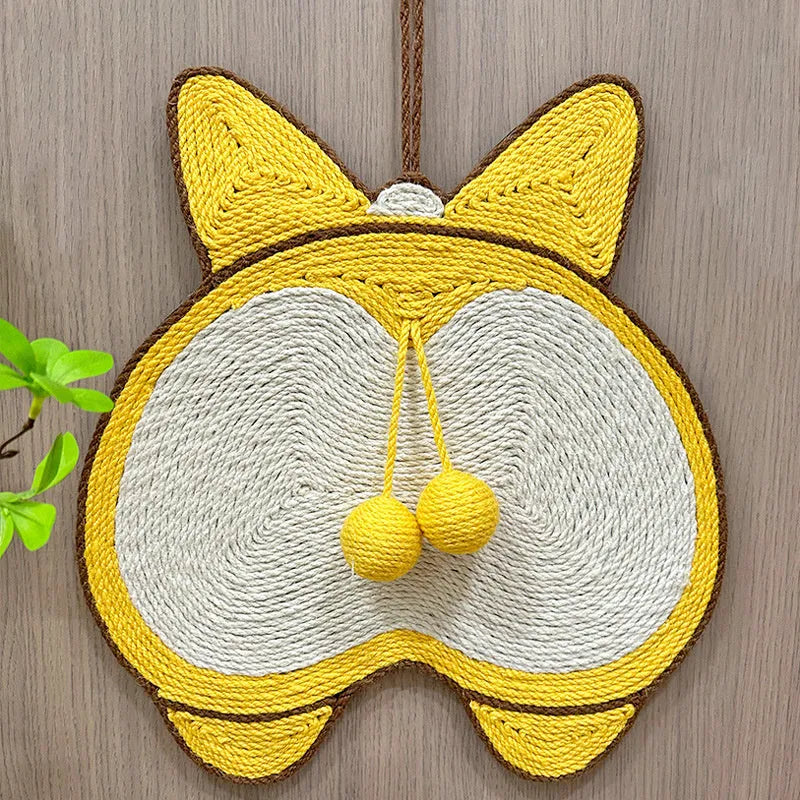 Yellow cat scratching pad with Corgi butt design on natural sisal surface with anti-slip base