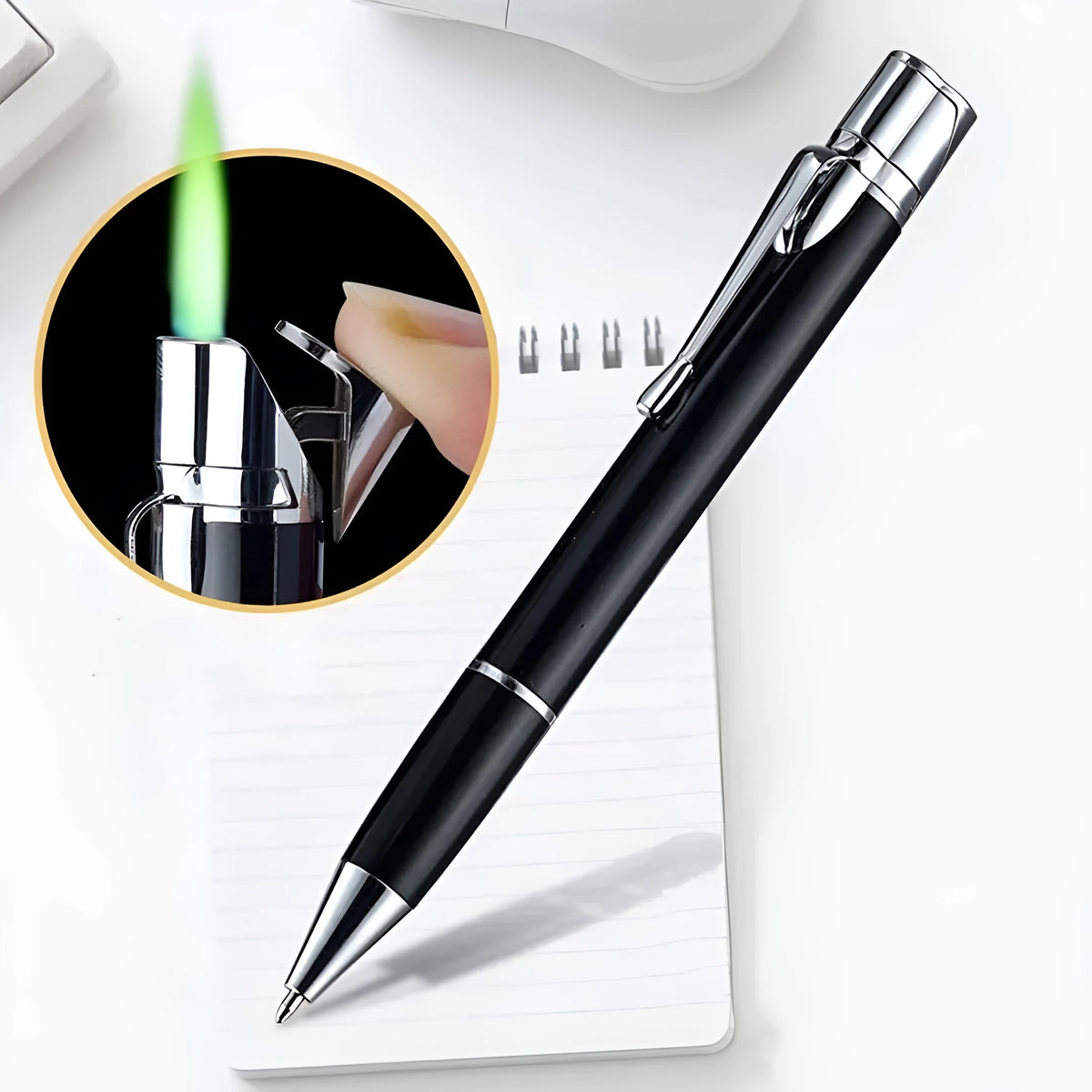 Metal refillable jet lighter pen with keychain in various colours