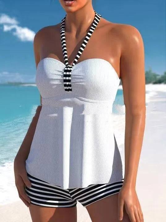 Women's black and white striped off-shoulder swimsuit also available in solid green, blue, white colours