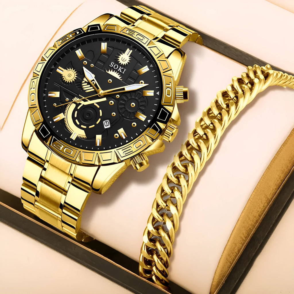 Men's gold tone stainless steel business calendar quartz watch with 10mm thickness case